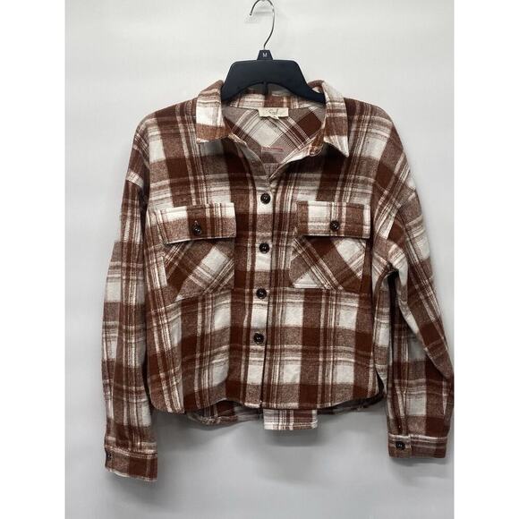 easel Jackets & Blazers - Easel Women’s Brown Plaid‎ Cropped Shacket Sz S Streetwear Casual